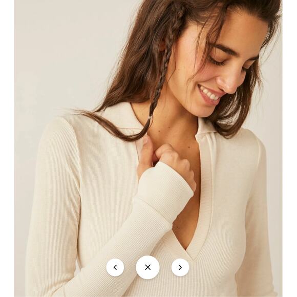 FREE PEOPLE NWT Do It Right Ribbed Long Sleeve Collar Bodysuit in Ivory // Large - Picture 4 of 12